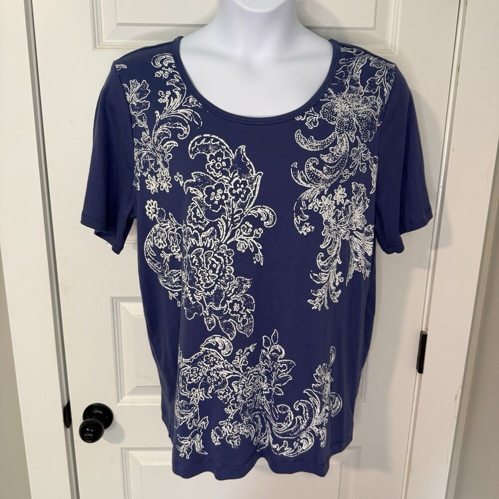 Christpher & Banks Blue Floral Print Women's 1X Short Sleeve Shirt NWT ($45)